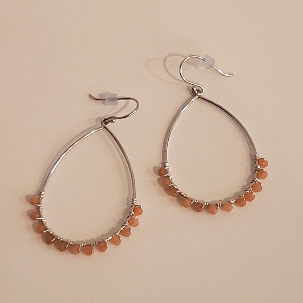 Peach Moonstone Earrings Boho Wire Wrapped Silver